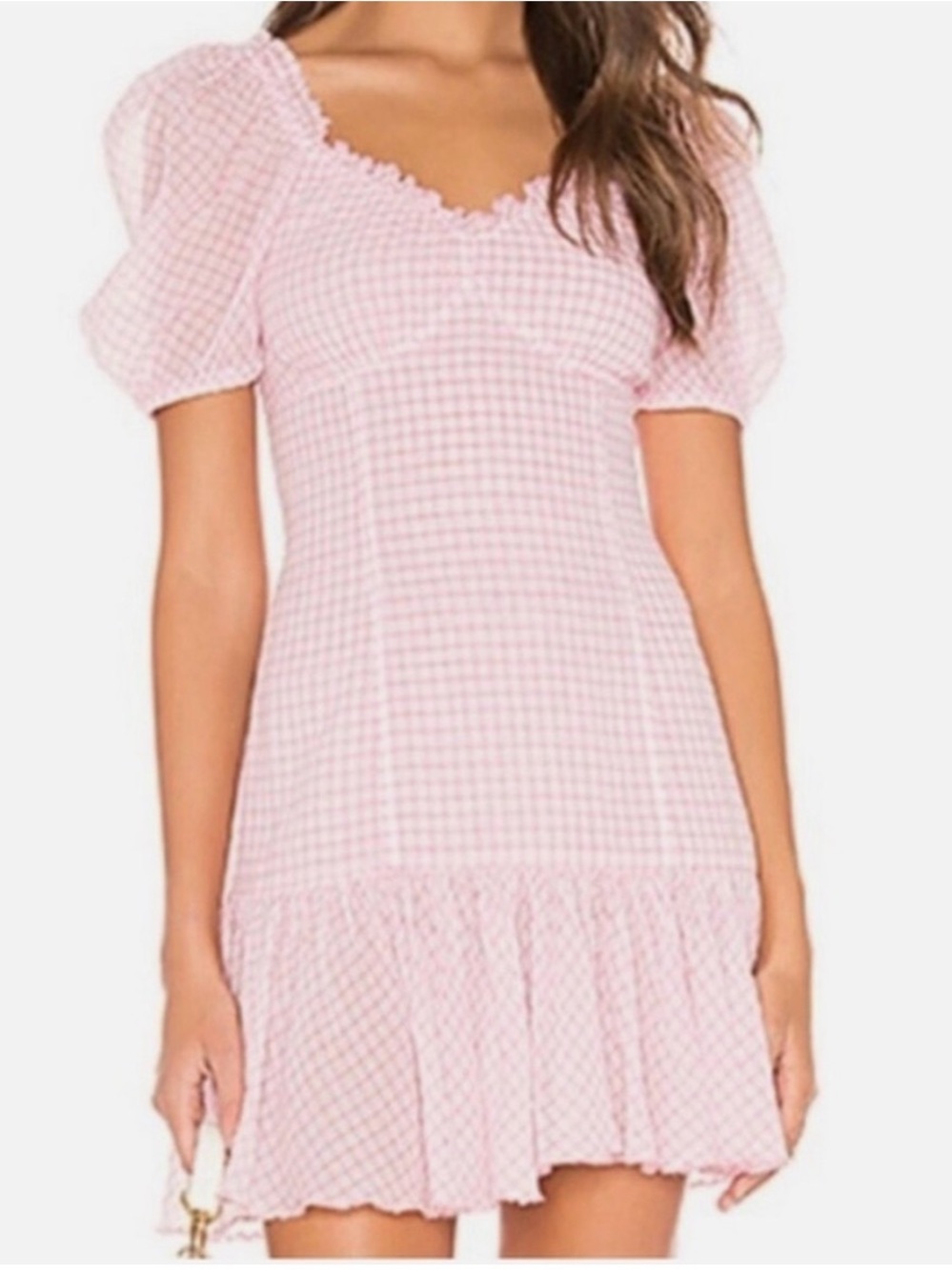 LoveShackFancy Pink Gingham Puff-Sleeve Mini Dress